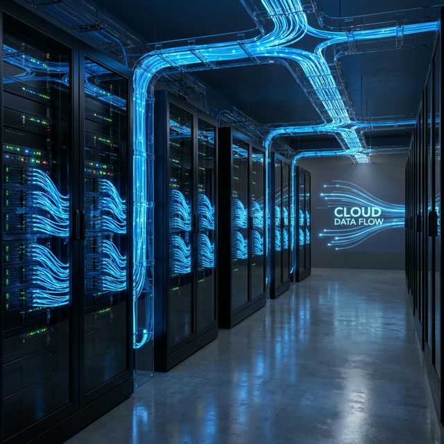 A sleek glowing modern server room